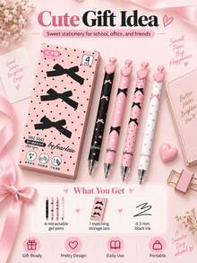 4pcs/Box Pink Bow Neutral Pens, 0.5mm, Quick-Drying Smooth, Pink White Black 3 Colors, Multiple Cute Patterns, Essential For Office And Study - Sets - View 8