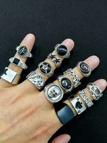 Personalized Men's Ring Set Gothic Style Multi-Piece Unisex Finger Rings Party Holiday Daily Wear Finger Accessories Fashion Jewelry Gift Unisex - 15-piece Punk Ring Set - View 6