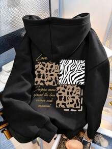 Women's Hooded Sweatshirt, Autumn/Winter New Letter Print, Drawstring Design, With Pockets, Casual Versatile Loose Top, Fashionable Daily Wear - Black - View 9