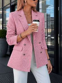 Women's Elegant Preppy Double-Breasted Blazer, Loose Fit, Exquisite Commuter Style Classic Pocket Outerwear - Pink - View 2