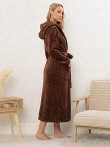 1pc Elegant Luxury Women's Long Flannel Hooded Bathrobe, Multi-Color, Suitable For Spring, Autumn And Winter, Comfortable For Home And Leisure - Mocha Brown - View 4
