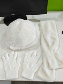 1 Set Women's Winter Bucket Hat + Plush Scarf + Knitted Full Finger Gloves Set, Warm Wool Lining, Solid Color Thick Design, Suitable For Outdoor Activities - Multicolor - View 8