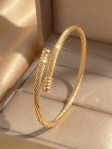 3Pcs French Minimalist Women Gold Open Cuff Bangle Set,Stainless Steel ,Clover,Nail Dial & Twisted Rope Stack‑Able Design,Party Daily Jewelry - Multicolor - View 9