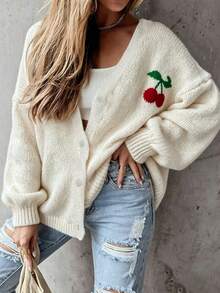 Cardigan Rajut Lengan Panjang Kancing Leher V Motif Ceri Ukuran Plus Kasual - Aprikot - View 2