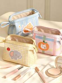 1pcCasual Style PU Fabric Curved Cosmetic Bag, Striped & Plaid Print With Fruit & Animal Graphic, Zipper Pouch With Hand Strap, Storage Pouch For Makeup, Skincare And Small Items, Travel Cosmetic Case, Suitable For Daily Use, Trip, All Season Use - Multicolor - View 4