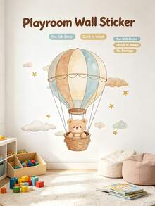 1pc Hot Air Balloon Bear Children's Room Wall Sticker, Hand-Drawn Style Animal Decal, PVC Material, Removable Self-Adhesive Sticker, Suitable For Children's Room Decoration And Kindergarten Wall Decoration - Multicolor - View 1