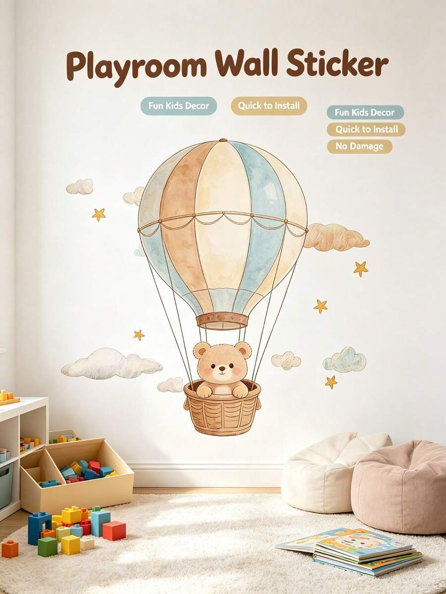 1pc Hot Air Balloon Bear Children's Room Wall Sticker, Hand-Drawn Style Animal Decal, PVC Material, Removable Self-Adhesive Sticker, Suitable For Children's Room Decoration And Kindergarten Wall Decoration - Multicolor - View 1