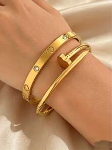 2pcs Hot-Selling Cross-Border Starry Sky Rhinestone-Studded Stainless Steel Bracelets, Fashionable Elegant Women's Full-Rhinestone Bangles - Gold - View 4