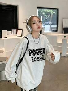 Women's Fashion Autumn/Winter Loose Casual Versatile Letter Print Pattern Crew Neck Sweatshirt - Light Gray - View 7