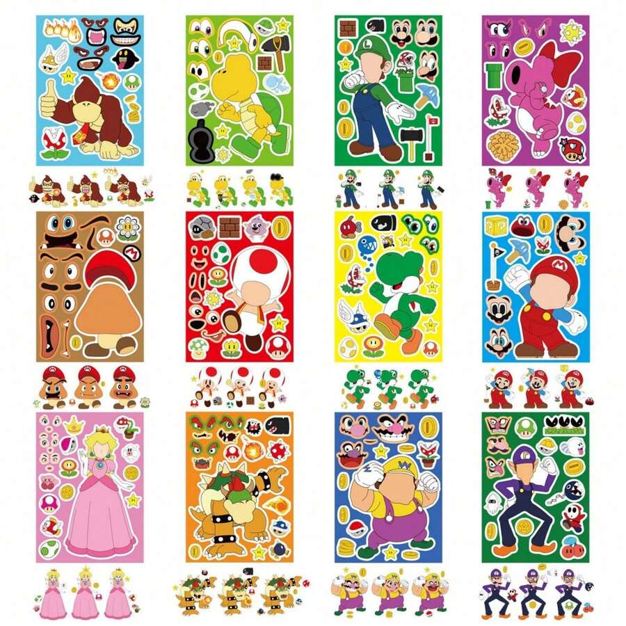 SUPER MARIO BROS. 1set/12pcs This Set Of Cartoon Facial Patch Stickers Allows You To Freely Exchange Facial Combinations And New Expressions, Making It Perfect For Parent-Child Handmade Interaction. It Can Be Used As A Birthday Gift For Children (Stochastic Style) - Multicolor - View 1