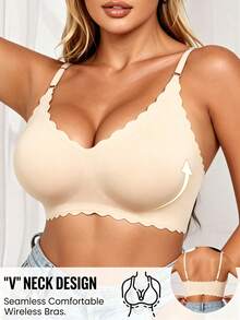 2pcs Women's Wavy Shell Edge Seamless Black/Nude Soft Breathable Wireless Support Comfortable Daily Bra - Multicolor - View 4