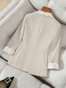 Women's Fashion Elegant Lapel Small V-Neck Cuff Contrast Lace Button Pocket Casual Commute Office Blazer Jacket Spring Autumn New Style - Apricot - View 5