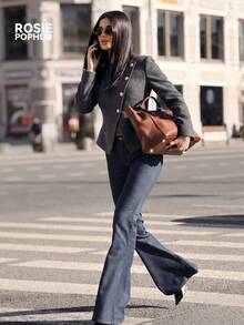 ROSIE POPHUB Blazer Wol Pendek Kerah Bulat Abu-abu Wanita Kancing Emas Diagonal Ramping Elegan Jaket Kantor untuk Musim Gugur dan Musim Dingin - Dark Grey - View 1