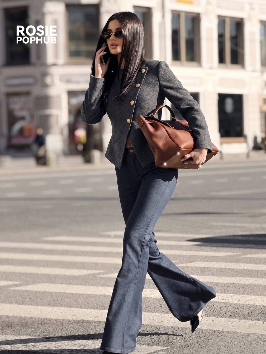 ROSIE POPHUB Blazer Wol Pendek Kerah Bulat Abu-abu Wanita Kancing Emas Diagonal Ramping Elegan Jaket Kantor untuk Musim Gugur dan Musim Dingin - Dark Grey - View 1