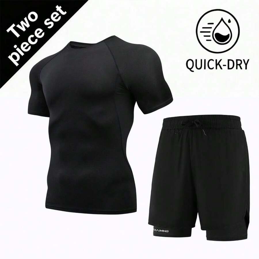 2-Piece Set Men's Compression Short Sleeve + Sports Shorts Quick-Dry Tight-Fit T-Shirt And Quick-Dry Shorts, Suitable For Running, Walking - Black - View 1