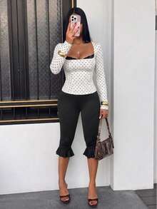 Fashionable Versatile Square Neck Long Sleeve Lace Polka Dot Print Slim Fit Flattering T-Shirt Top - White - View 3