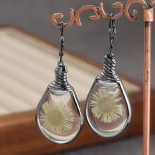 Bohemian Vintage Daisy Pattern Pendant Earrings, Teardrop Pendant Earrings - Gun Black - View 2