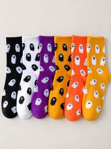 3 Pairs Women's Cute Ghost Print Mid-Calf Socks, Soft Elastic Knitted Socks, Multi-Color Fun Print Socks, Casual Daily Streetwear Aesthetic Socks, Girls Multi-Color Combination Socks - Multicolor - View 6