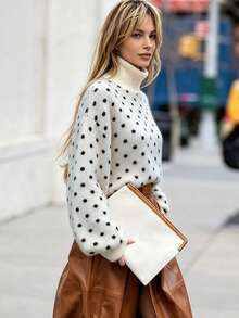 High Neck Polka Dot Knit Sweater, Minimalist Casual Versatile Style Suitable For Casual, Vacation, Date, Autumn/Winter Wear - Off-white - View 4