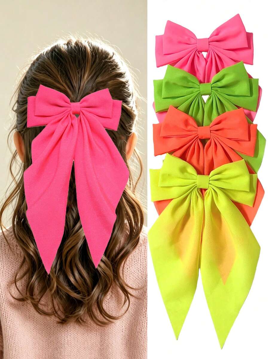 4pcs Girls Neon Bow Ribbon Hair Clips, Versatile Daily Children Hair Accessories, Spring Clips - Multicolor - View 1