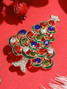 Christmas Luxury Full Rhinestone Christmas Tree Brooch, Red & Green Oil-Drip Gemstone Pin, Women's Bag Decor Accessory - Multicolor - View 1