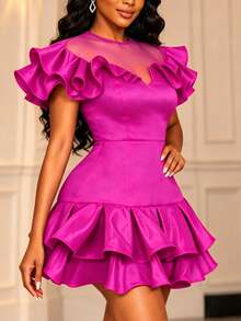 AOMEI Chic Women Fuchsia Satin Mini Dress Sheer Mesh Neck Ruffle Shoulder Tiered Ruffle Hem Bodycon Short Party Evening Dresses - Hot Pink - View 6
