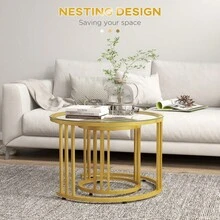 Round Coffee Tables Set Of 2, Nesting Tables With Tempered Glass Top And Steel Frame, Black On-Site - Gold + Steel - View 4