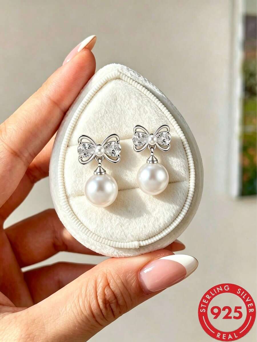 1 Pair S925 Sterling Silver Elegant Bow Design Stud Earrings With Sparkling Cubic Zirconia And Pearl, Elegant Elegant Women's Daily Wear Quality Jewelry, Exquisite Gift For Loved Ones - Silver - View 1