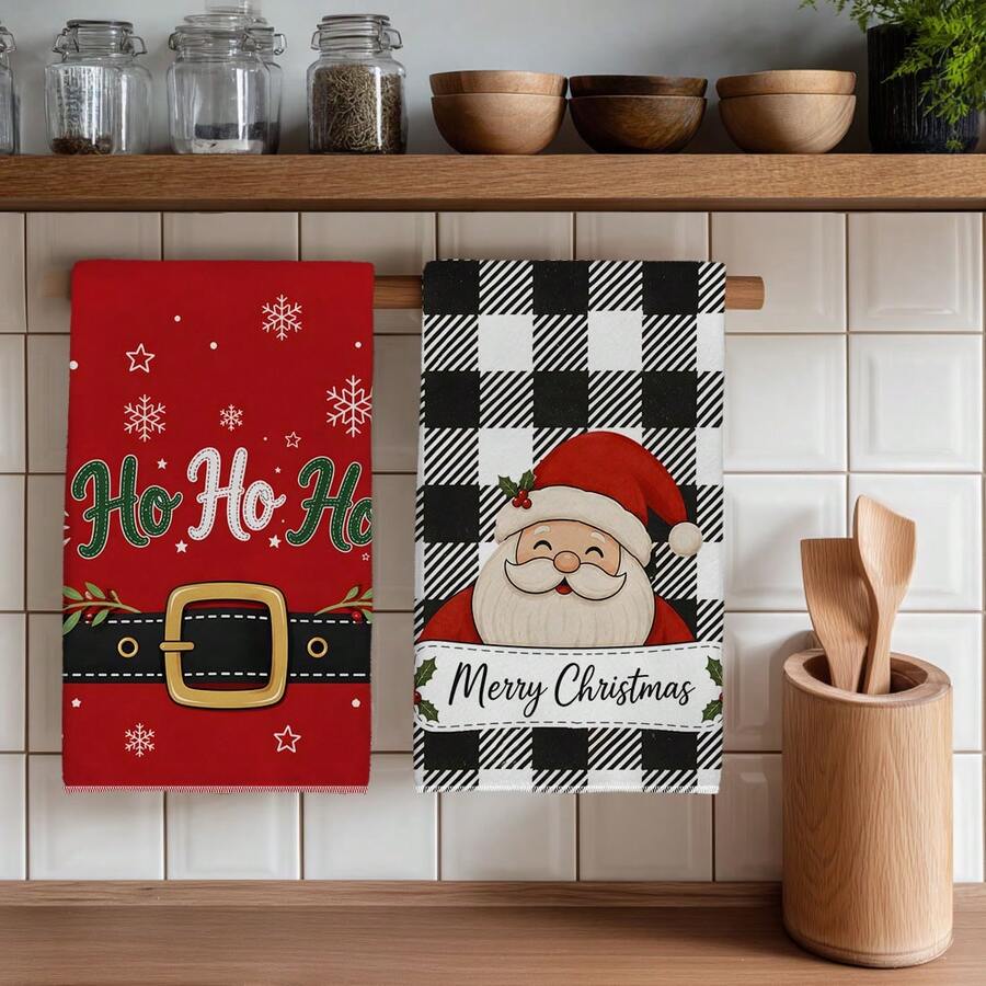 2PCS Kitchen Towels Santa Claus Red Christmas Belt Design Print 40*60cm ...