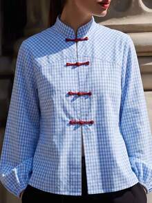PoPoHouse Fall Winte Women's New‑Chinese Frog Button Gingham Shirt, Stand Collar Lantern Sleeve Loose Elegant Commuter Open Front Top - Light Blue - View 4