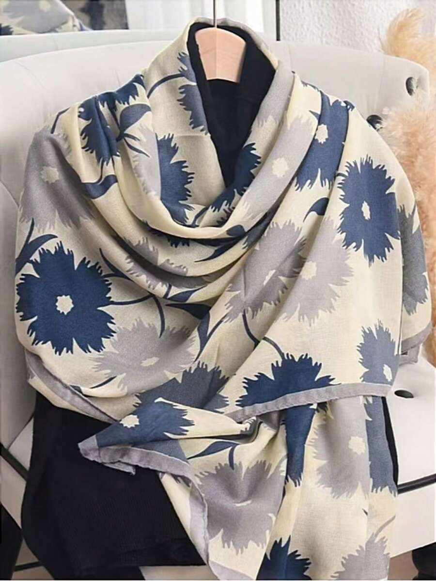女款百搭長款披肩圍巾 薄款疊穿圍巾 春夏紗絲圍巾 秋冬新款花卉圍巾 - 大花灰色 - 查看 1