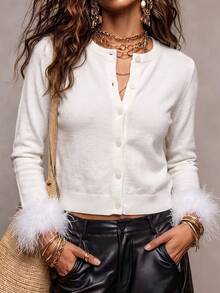 Live To Mo Y2K Women's White Knitted Cardigan Feather Decorative Long Sleeve Sweater Coat Suitable For Autumn Back To School, Date, Daily Dressing - Off White - View 3