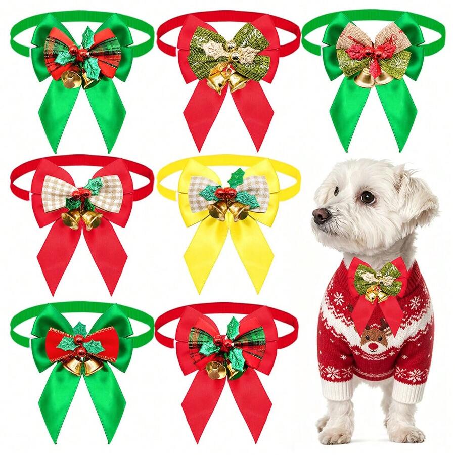 2/6pcs Christmas Style Pet Bell Bow Tie Multi-Color Checkered Collar Cat Dog Holiday Party Decoration Accessories - Multicolor - View 1