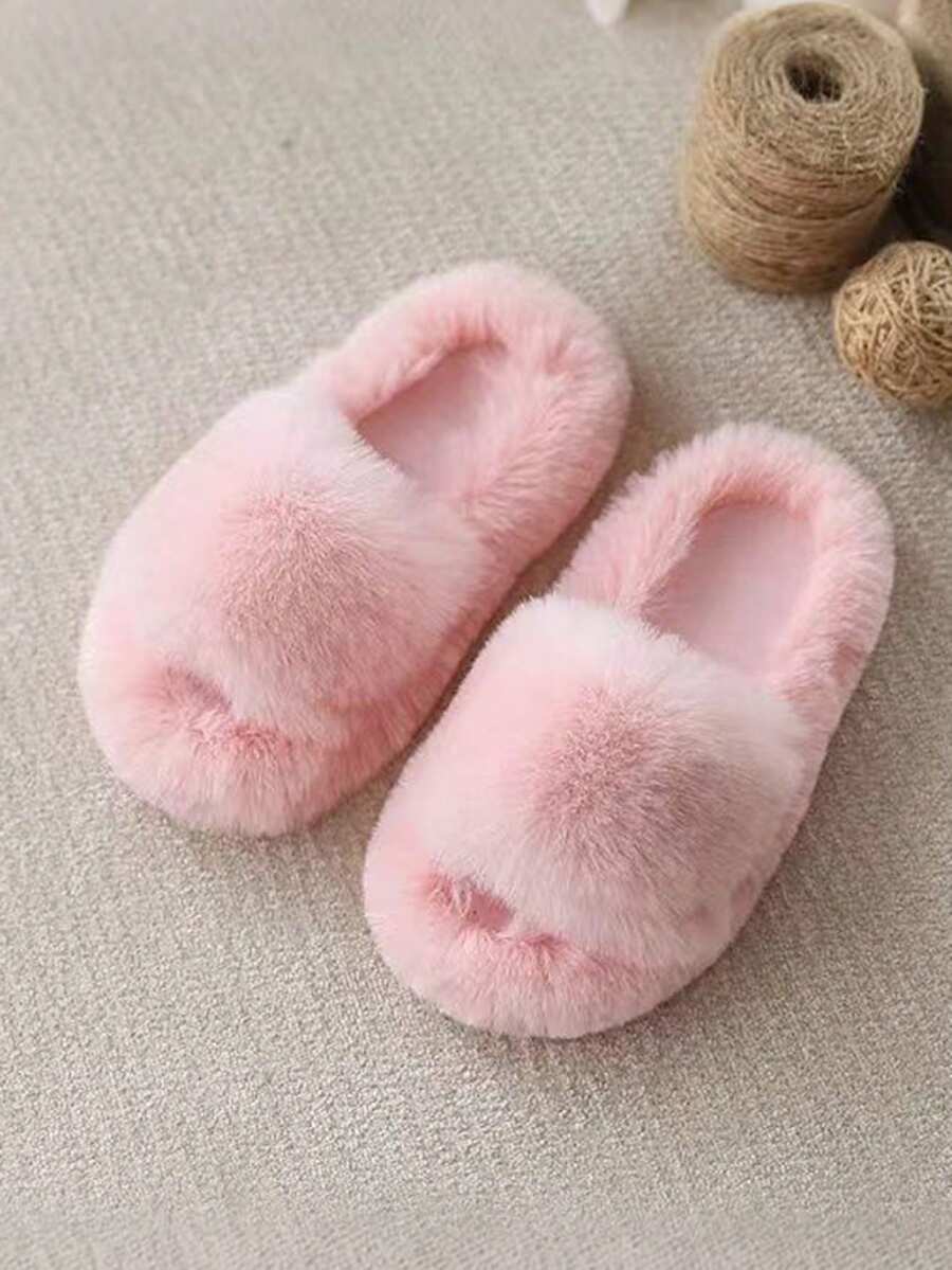1 Pair Exquisite Children's Slippers, Girl's Slippers, With Minimalist Style And Warm Feeling. Solid Color Design, Simple And Elegant, Children's Home Slippers Suitable For Winter Wear. - Pink - View 1