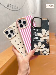 3pcs Lily Flower Litchi Pattern Anti-Slip Waterproof Shockproof Phone Case Set, Covers, Flower Phone Case, White / Black / Pink 3-Color Faux Leather Texture Protective Cover - Multicolor - View 3