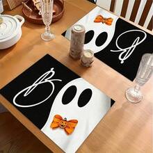 1/4/6pcs Halloween Series Bow Ghost Pattern Printed Placemats, Heat Resistant Table Mats For Home Kitchen, Table Protection, Kitchen Dining Table, Party Scene Decoration - Multicolor - View 5