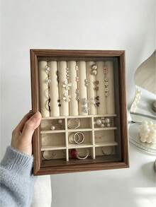 1pc Large Wooden Jewelry Box With Transparent Lid, Lockable Jewelry Display Box, Large Capacity Jewelry Tray, Walnut Wood Grain Velvet Lining, Multi-Layer Jewelry Storage Box, Can Store Necklaces, Earrings, Bracelets, Rings And Other Jewelry Organizer - Multicolor - View 6