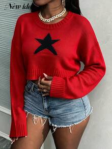 NEW IDEA Women's Casual Red Fall Winter Cropped Sweater, Round Neck Long Sleeve Black Star Pattern Crop Knit Top For Daily, Going Out & Party - Red - View 4