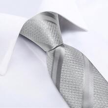 Silver Gray Wide Diagonal Striped Men's Tie 4-Piece Set, Business Formal Handkerchief, Cufflinks, Gold Tie Clip, Wedding Banquet Accessories - Silver - View 4