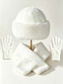 1 Set Women's Winter Bucket Hat + Plush Scarf + Knitted Full Finger Gloves Set, Warm Wool Lining, Solid Color Thick Design, Suitable For Outdoor Activities - Multicolor - View 7