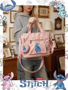 Miniso Disney Stitch 與 Malia 文字星形卡通印花托特包 2 件組附零錢包，適合工作、旅行、購物與日常使用 - 粉色 - 查看 7