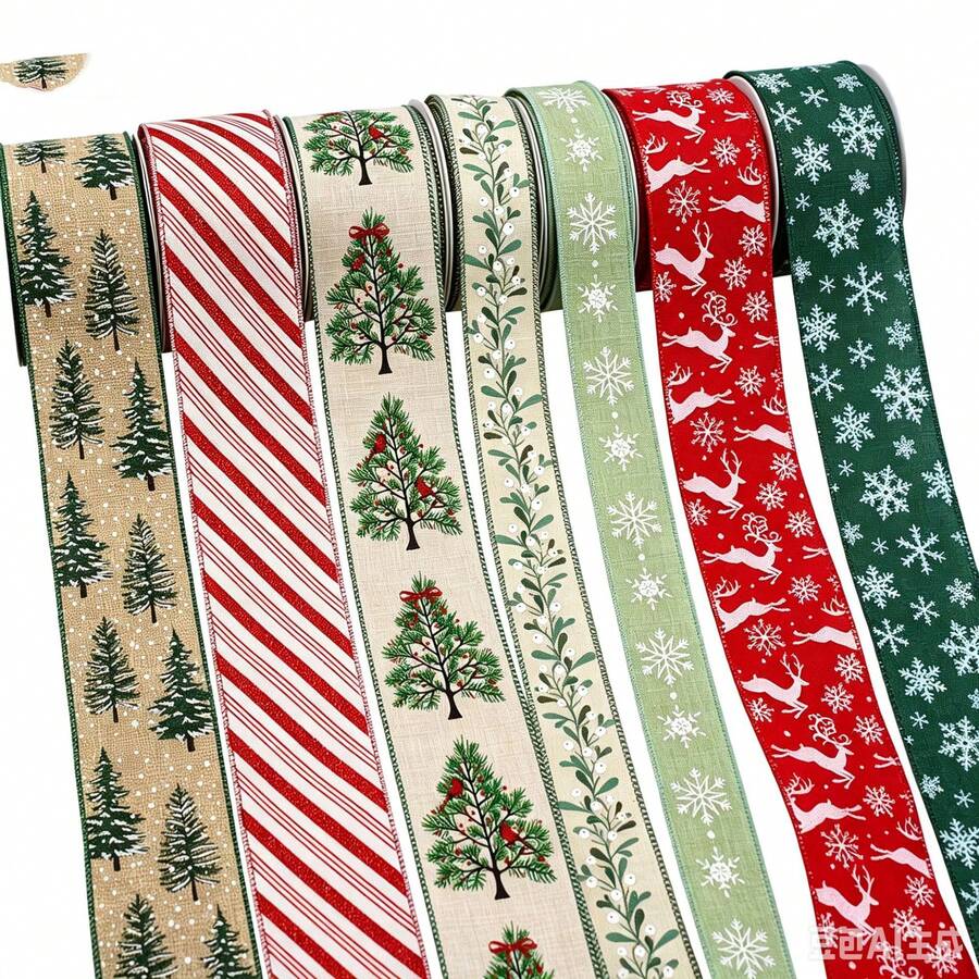 Christmas Striped Reindeer & Snowflake Print Ribbon, Holiday Gift Wrapping Decorative Ribbon, Suitable For Christmas Gift Wrapping, Christmas Tree Decoration, Handmade DIY Bows, Store Window Decoration, Holiday Display Arrangement, Bakery Gift Box, Florist Bouquet Wrapping Decoration, Etc. - Multiple Styles - View 1