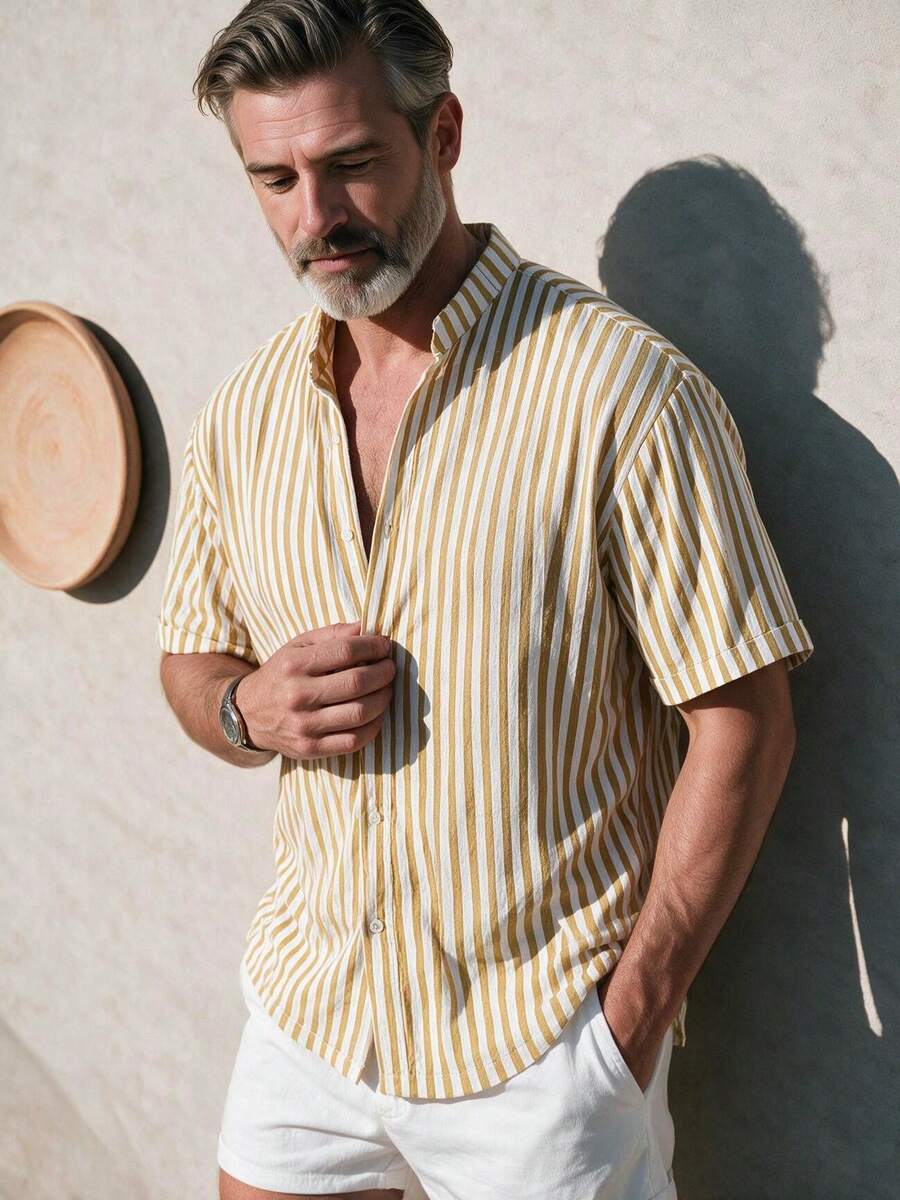 GOLDREDY Men's Casual Striped Shirt And Solid Color Soft Shorts Set, Beach Outfits For Men - Yellow - View 1