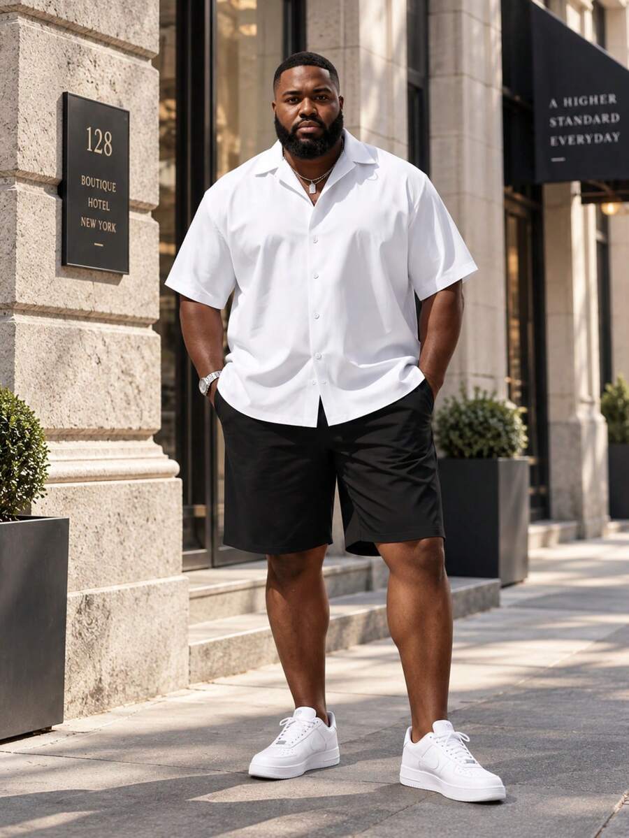Plus Size Men's Shirt Set, Short Sleeve Shirt And Shorts 2-Piece Set, Solid Color Machine Washable, Plus Size