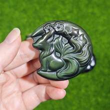 Natural Obsidian Nine-Tailed Fox Carving, Handcrafted Crystal Ornament For Home Decor And Crystal Collection, Halloween Gift, Christmas Gift| - Multicolor - View 12