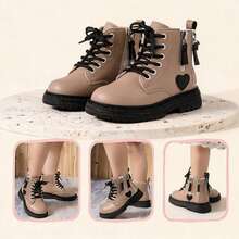Sepatu bot pendek motif hati untuk anak perempuan yang imut, detail warna pink manis, resleting samping, tali pengikat, sol tebal anti selip, cocok untuk musim gugur/musim dingin. - Khaki - View 5
