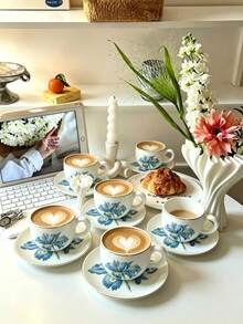 6pcs/1pc Set, 90ml Ceramic Coffee Cup And Saucer, Microwave And Dishwasher . Espresso Cup And Arabic Coffee Cup. Perfect For Afternoon Tea, Cafe, Kitchen And Home Decor; Ideal Gift - Multicolor - View 5