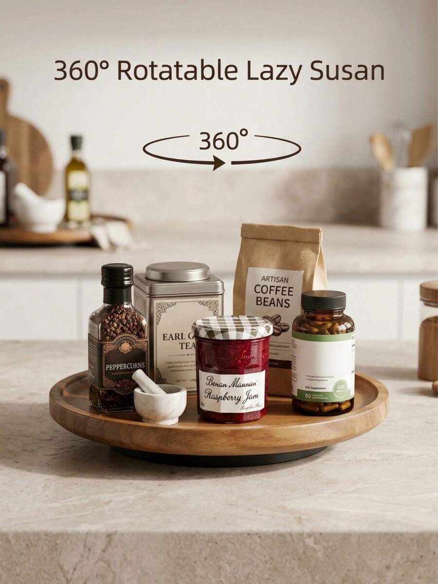 1pc 360° Rotating Round Wooden Turntable Tray, Kitchen Cabinet Spice Organizer Rack, Multi-Functional Kitchen Decor, Housewarming Christmas Halloween Graduation Birthday Gift