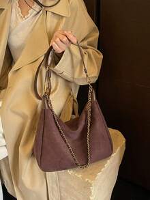 New Fashion Matte Suede Chain Shoulder Bag, Baguette Bag, Crossbody Retro French Style Square Patchwork - Coffee - View 6