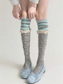 STAR RIVER 1 Pair Autumn/Winter Subculture Retro Mint Green & Grey Striped Polka Dot Contrast Lace Trim Over-The-Knee Socks, Sweet & Cool Y2K - Multicolor - View 2